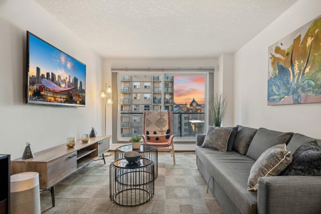 Living room with sunset view