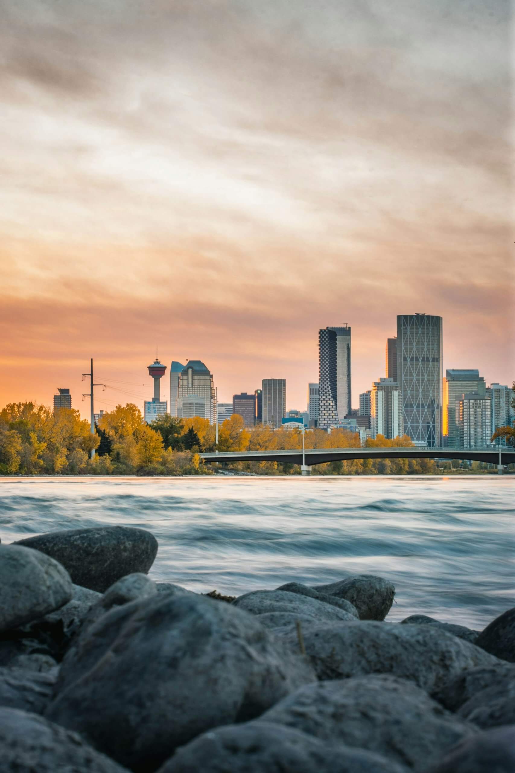 Calgary skyline over the Bow River in fall